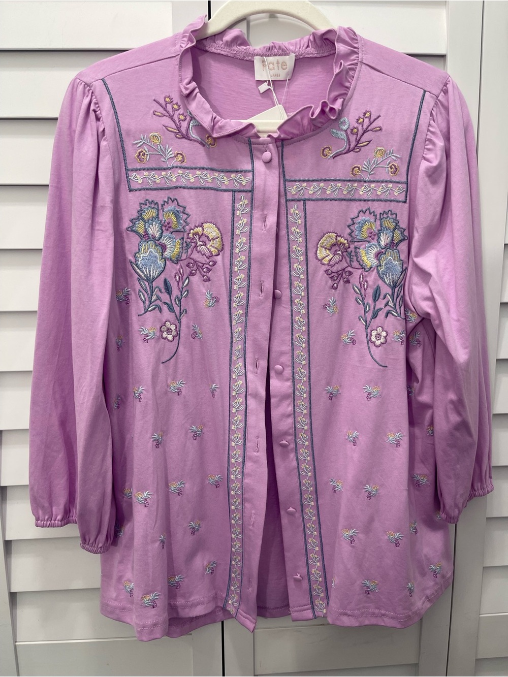 Fate Pastel Lavender Embroidered Button-Front Top Size L